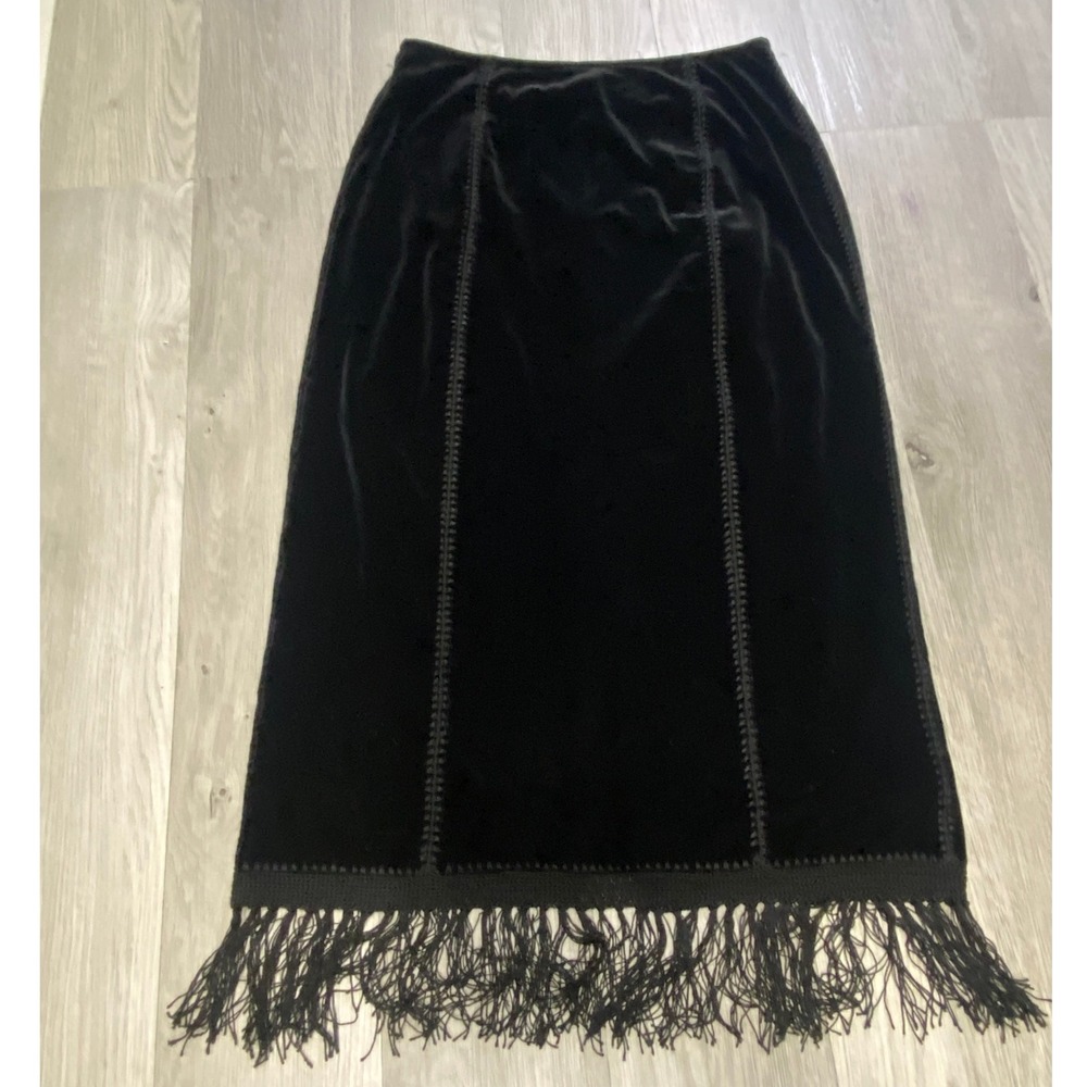 Sophie Chang Studio Black Velvet Midi Skirt Fringe Embroidered Women Size M